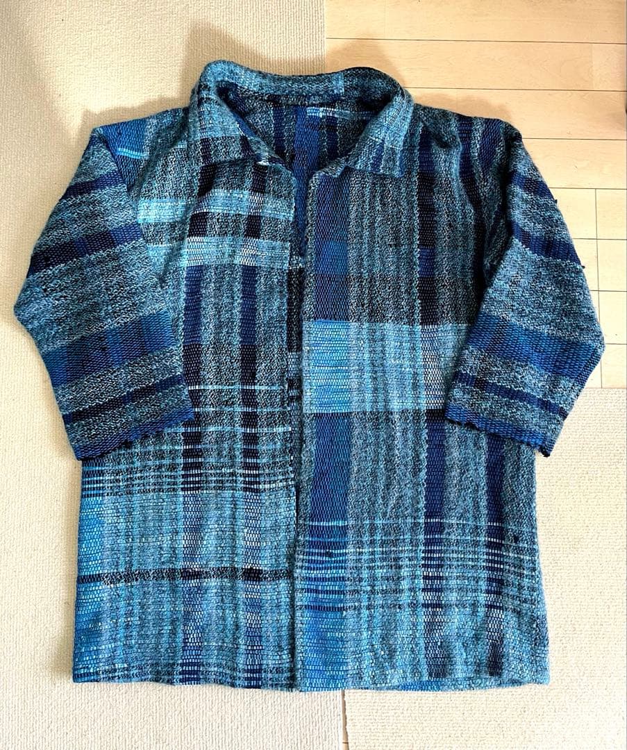 ◆裂き織り 羽織りジャケット コート L ブルー青 藍色 USED◆
