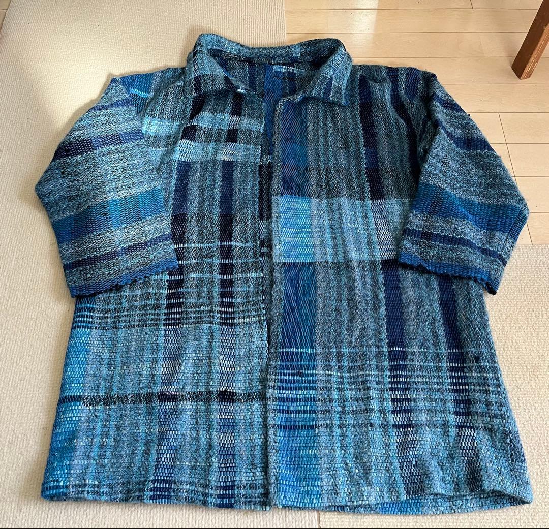 ◆裂き織り 羽織りジャケット コート L ブルー青 藍色 USED◆