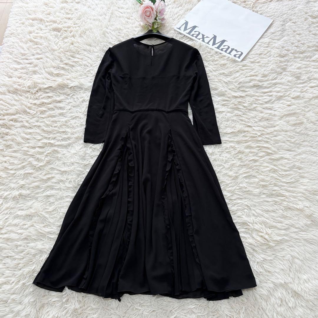 美品✨マックスマーラ　シアー切替　フリルプリーツロングワンピース　黒　S