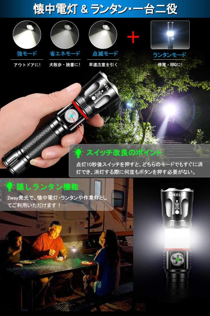 LED懐中電灯 USB充電&2種類電池対応