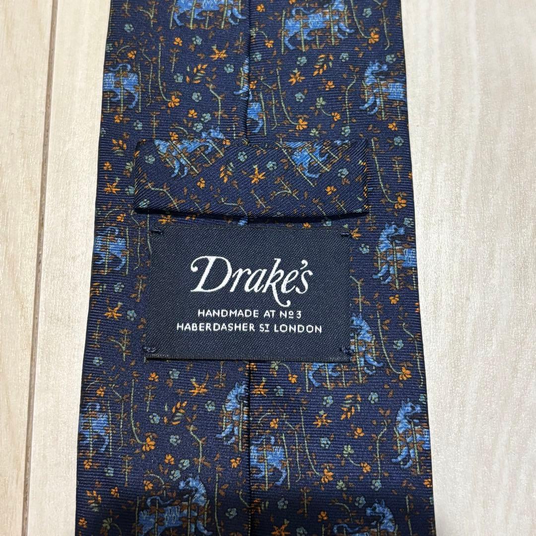 Drake's ネイビー 花柄 シルク ネクタイ