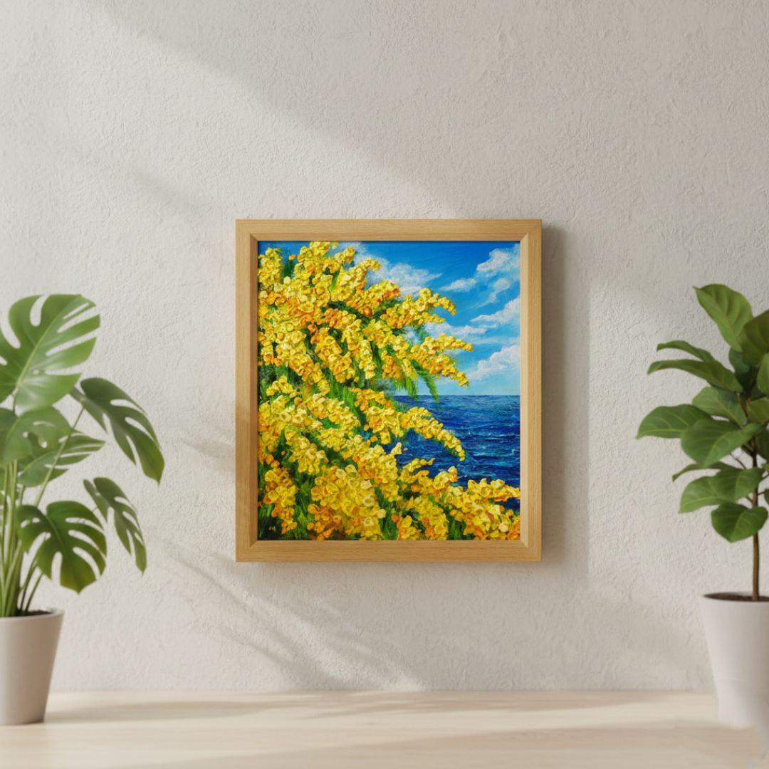 【お客】油絵 絵画【ミモザの海】原画 額縁・ラッピング付 春の風景画