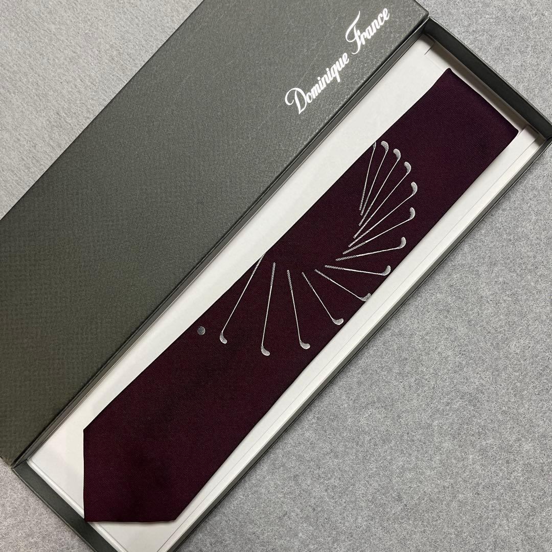 極美品　ドミニクフランス　ネクタイ　濃赤ボルドー　ゴルフ柄　スリークラウン王冠