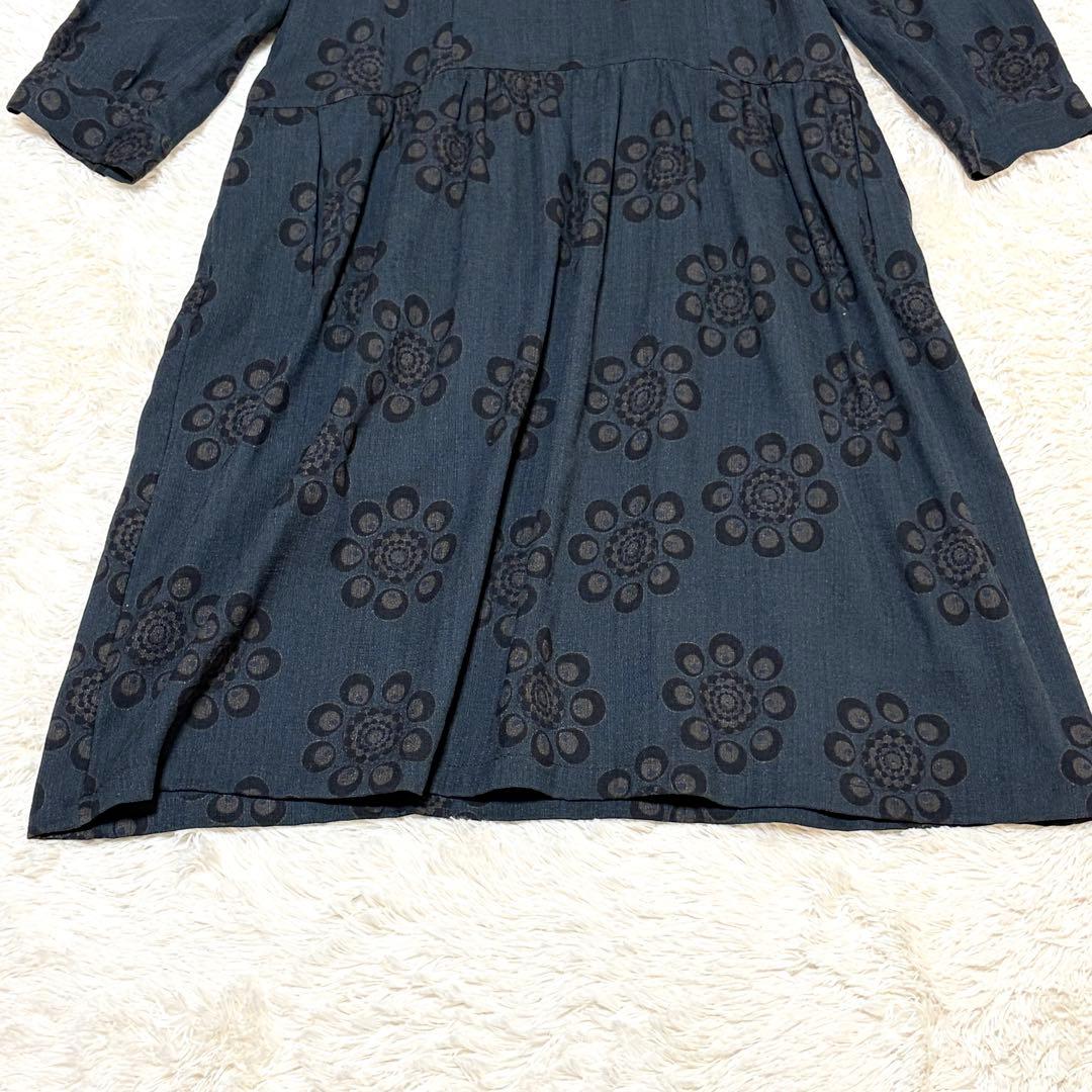 美品✨ドリスヴァンノッテン 花柄 シルクリネン シャツワンピース ネイビー 38