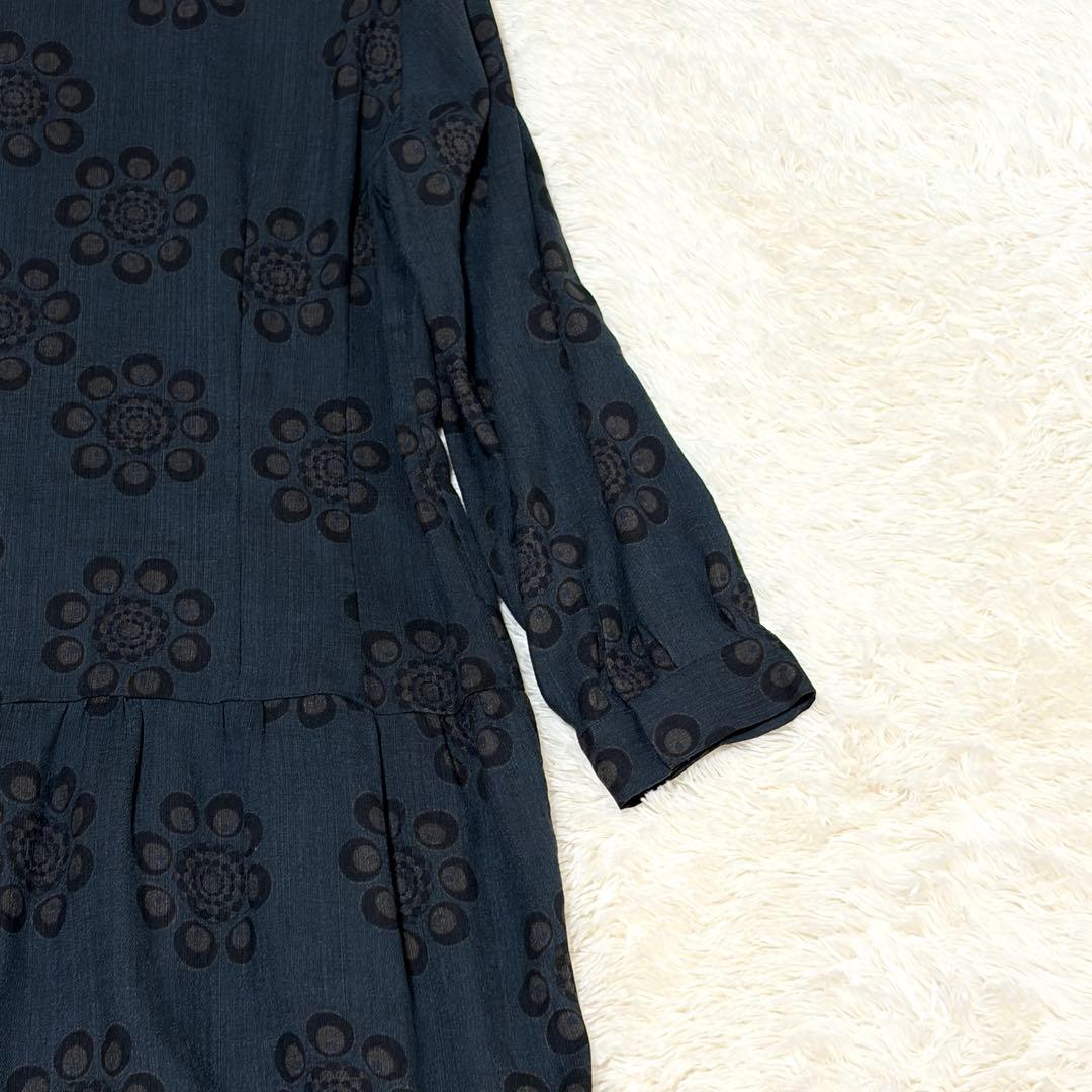 美品✨ドリスヴァンノッテン 花柄 シルクリネン シャツワンピース ネイビー 38