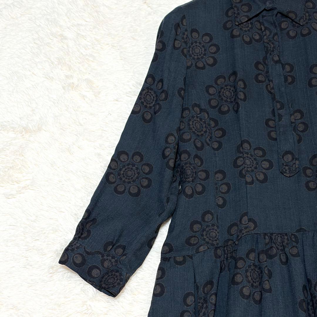 美品✨ドリスヴァンノッテン 花柄 シルクリネン シャツワンピース ネイビー 38