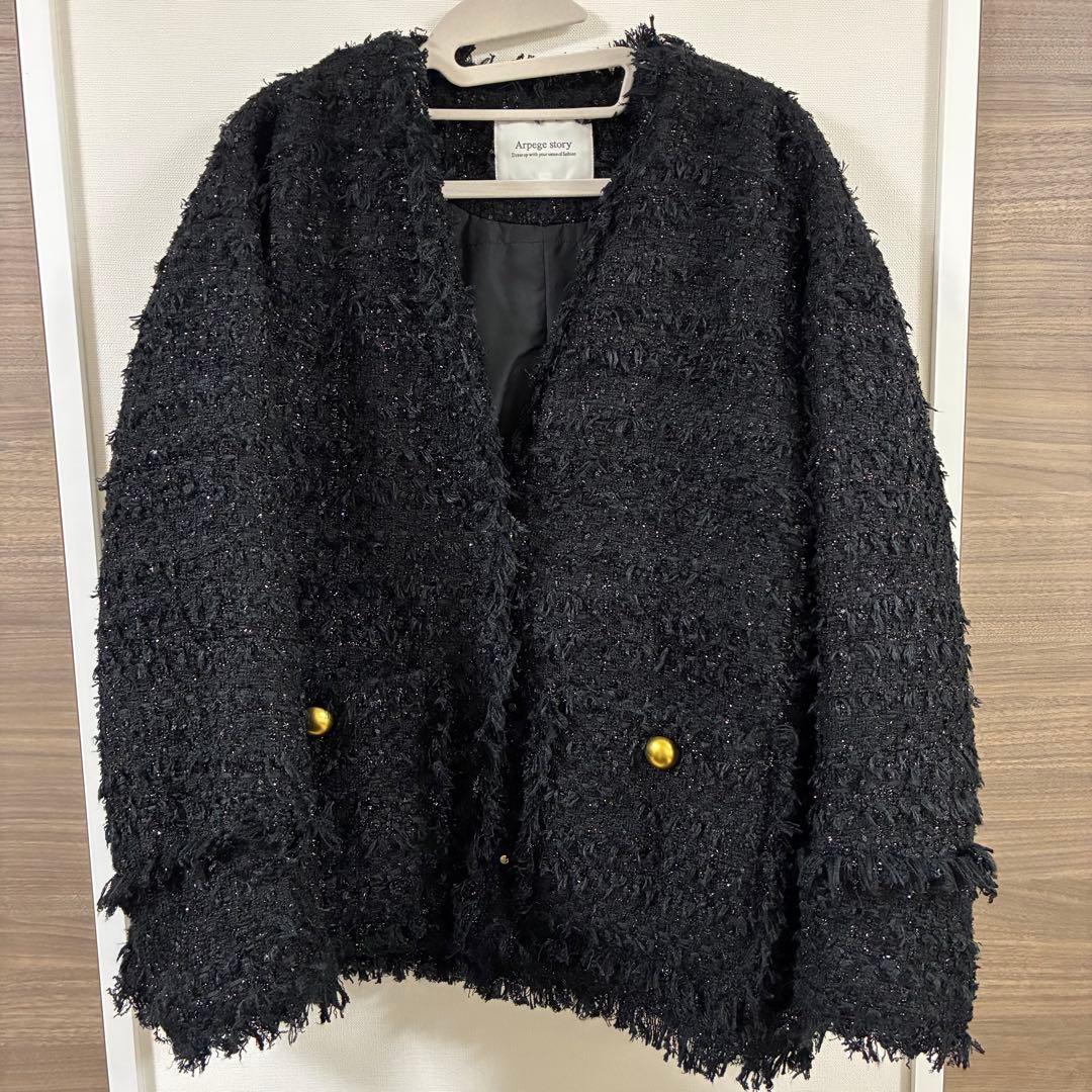 Arpege story♡中綿入りツイードジャコット ブラック 黒
