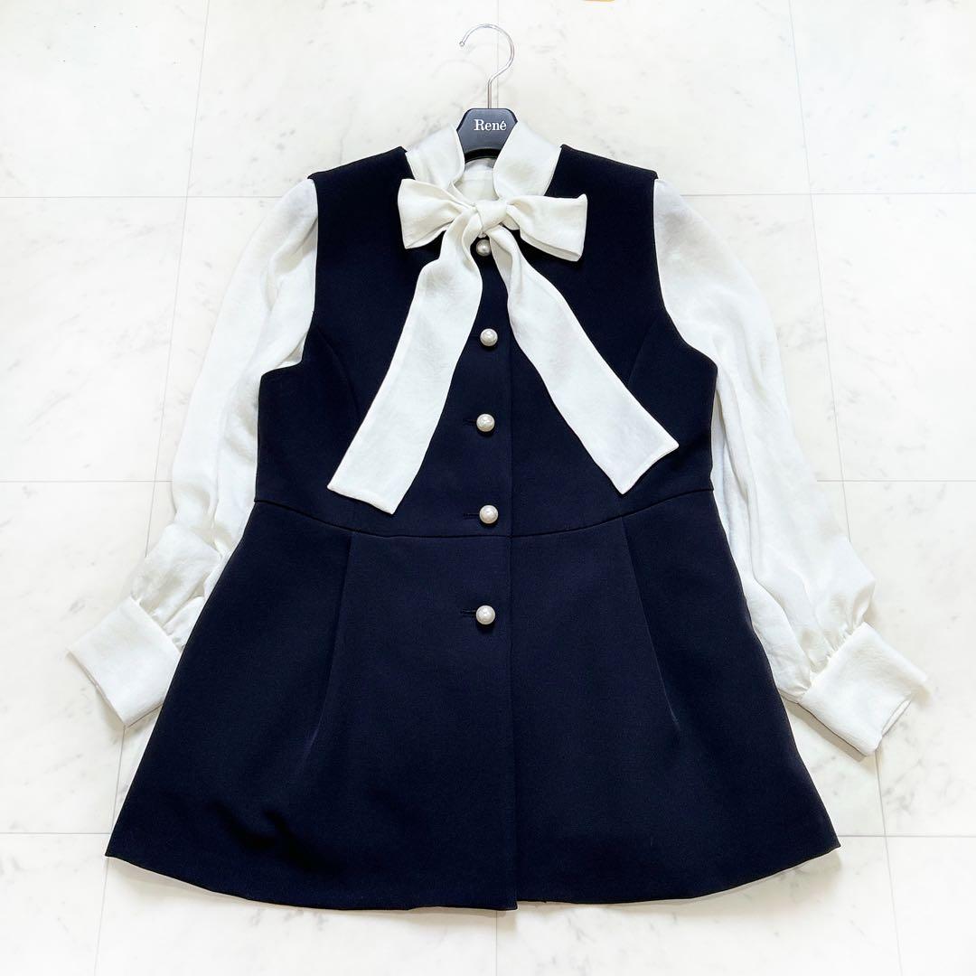 美品 25SS クチュールブローチ ダブルクロスペプラムジレ ハレの日 ネイビー