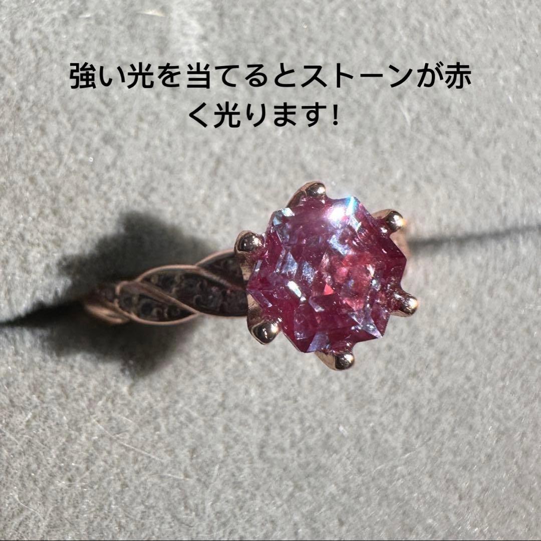 アレキサンドライト 六角形 個性派S925シルバー ローズゴールドリング