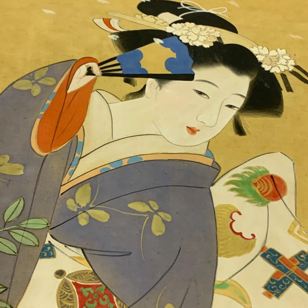 掛軸 井上精香 立姿美人図 落款あり 芸妓 美人画 軸先陶器 彩色画