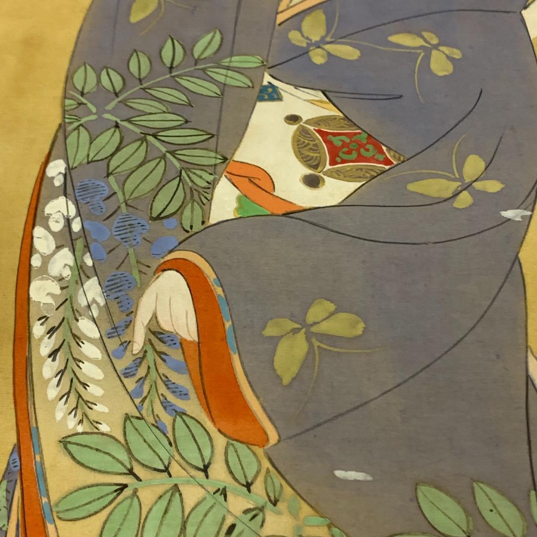 掛軸 井上精香 立姿美人図 落款あり 芸妓 美人画 軸先陶器 彩色画