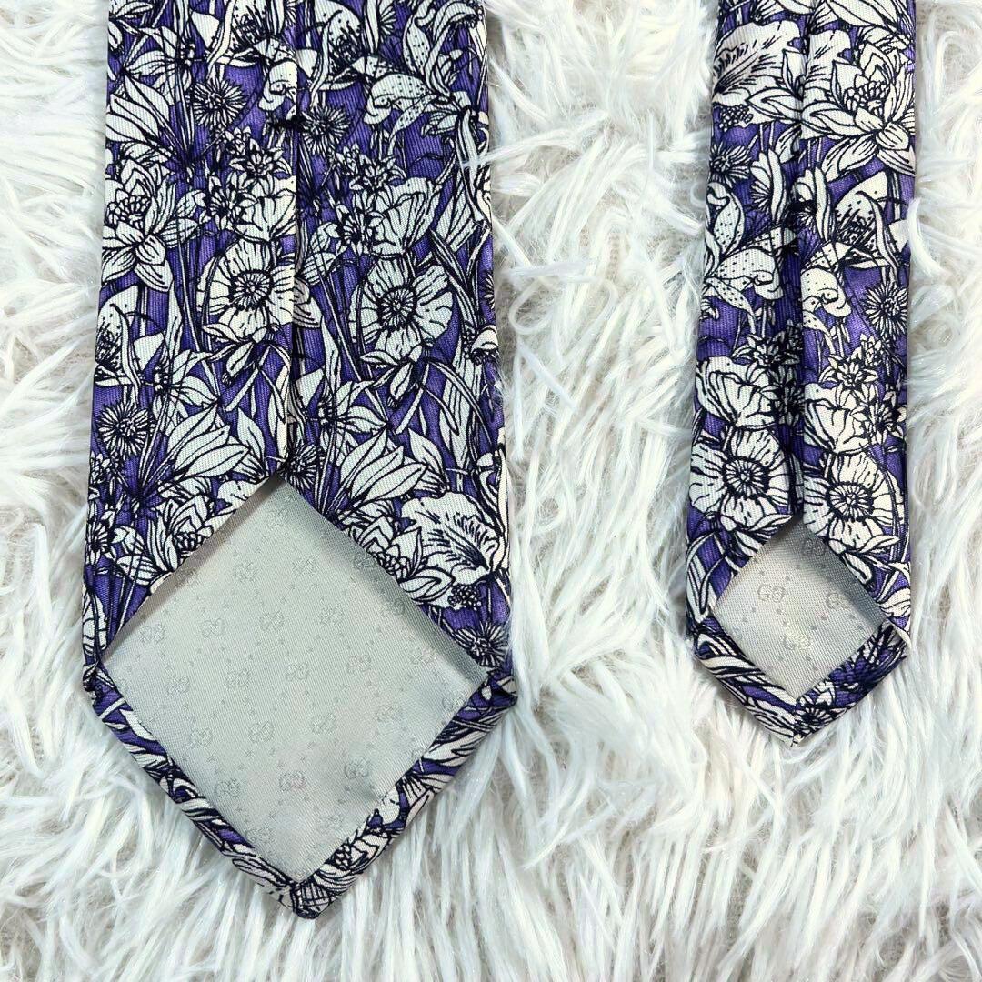 GUCCI グッチ ネクタイ シルク 花柄 総柄 刺繍 パープル ブルームス