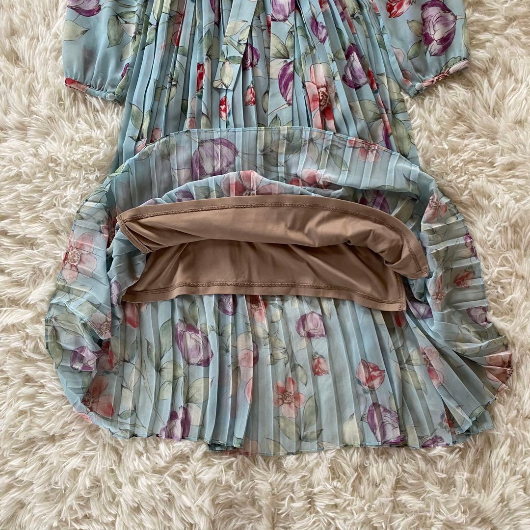 人気完売・美品✨ソブ　ロングワンピース　花柄　プリーツ　シフォン　リボン　36