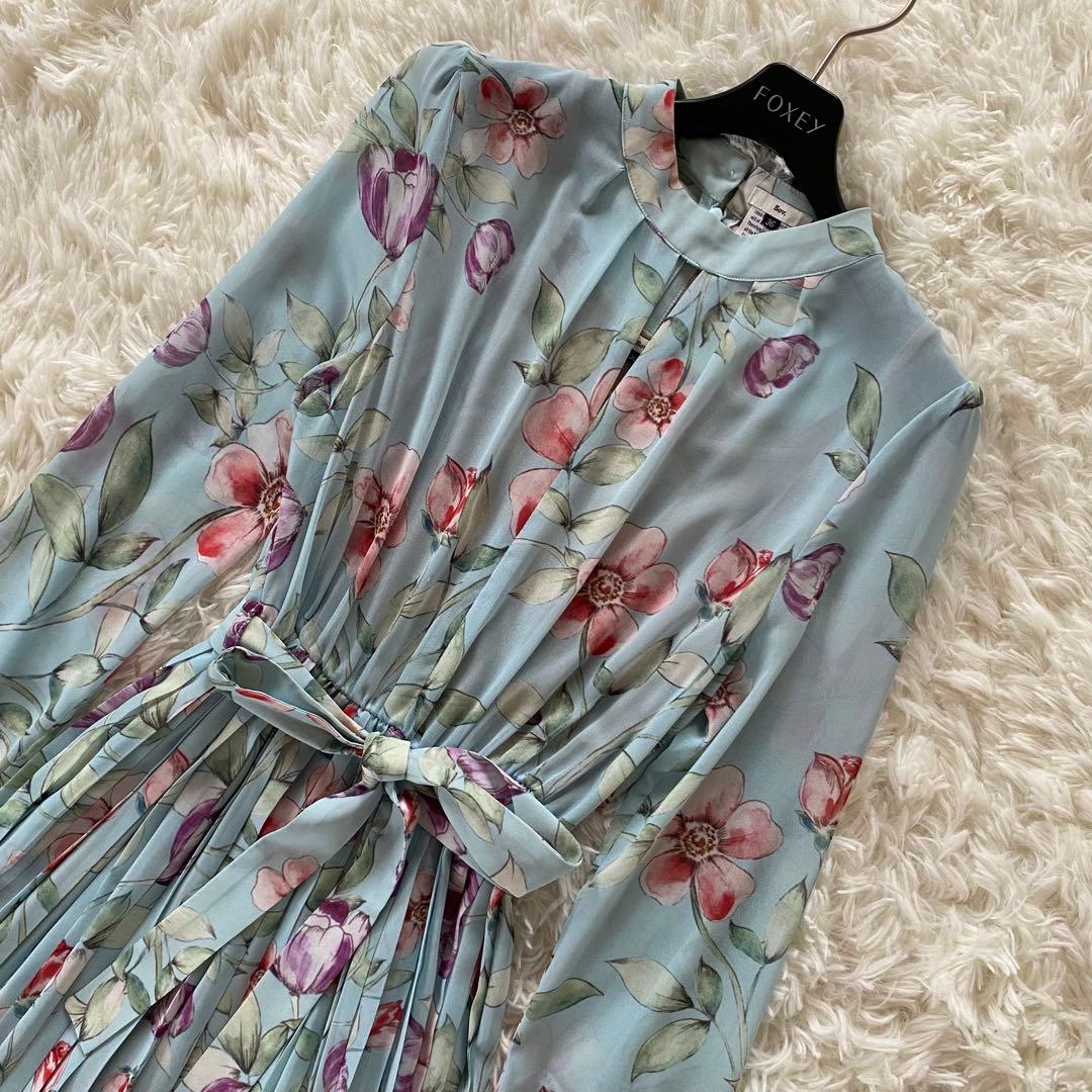 人気完売・美品✨ソブ　ロングワンピース　花柄　プリーツ　シフォン　リボン　36