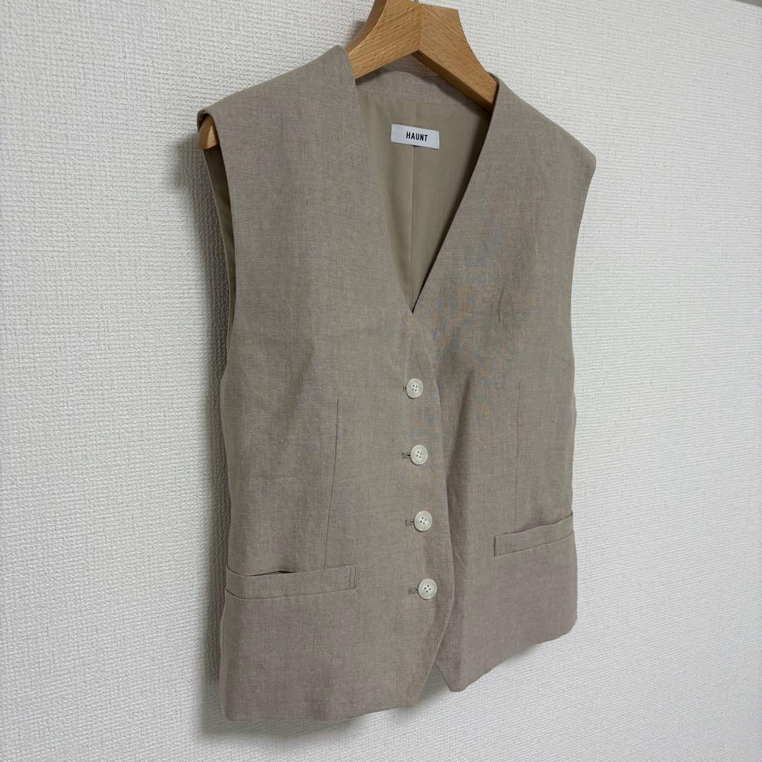 美品 HAUNT リネン100% ベスト 36 Ｓ生成り 麻 ジレ ナチュラル