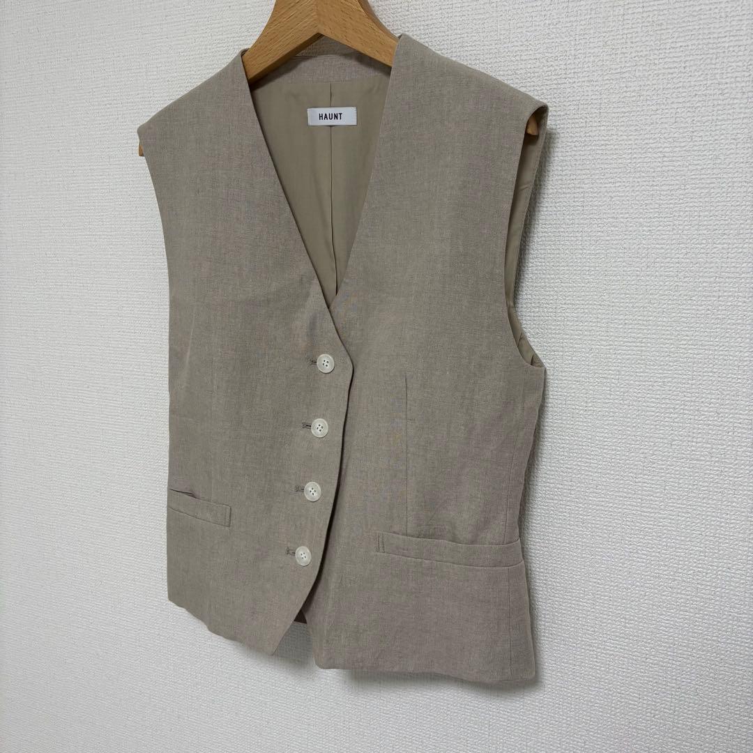 美品 HAUNT リネン100% ベスト 36 Ｓ生成り 麻 ジレ ナチュラル