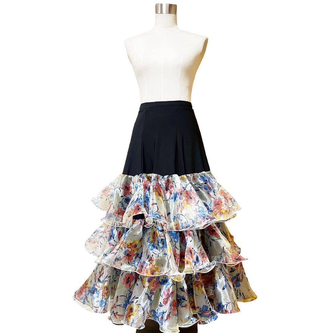 【新品】社交ダンススカート/ラッフルフリルたっぷり/M〜L付近