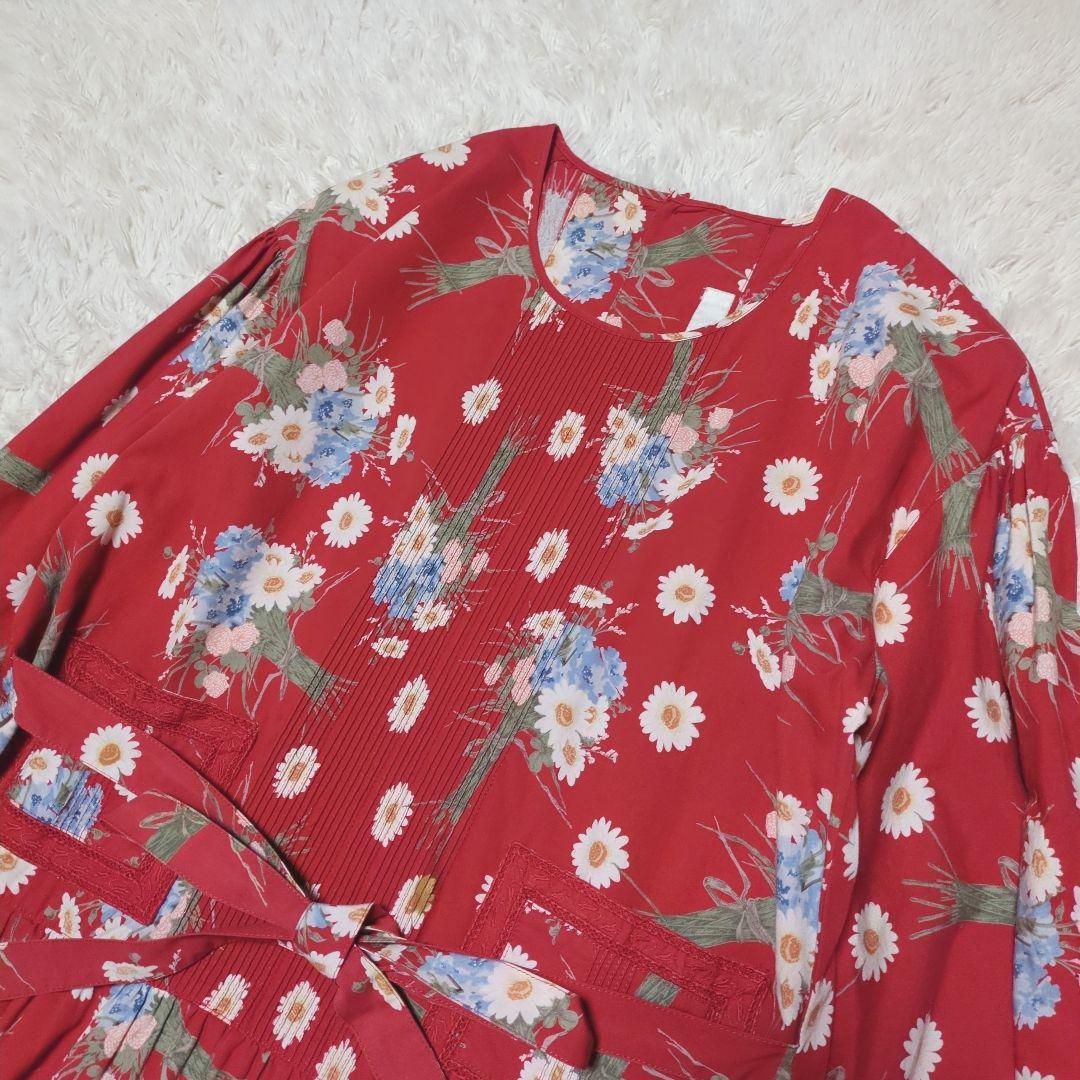 美品！PINK HOUSE　花柄フリルロングワンピース　赤　Aライン