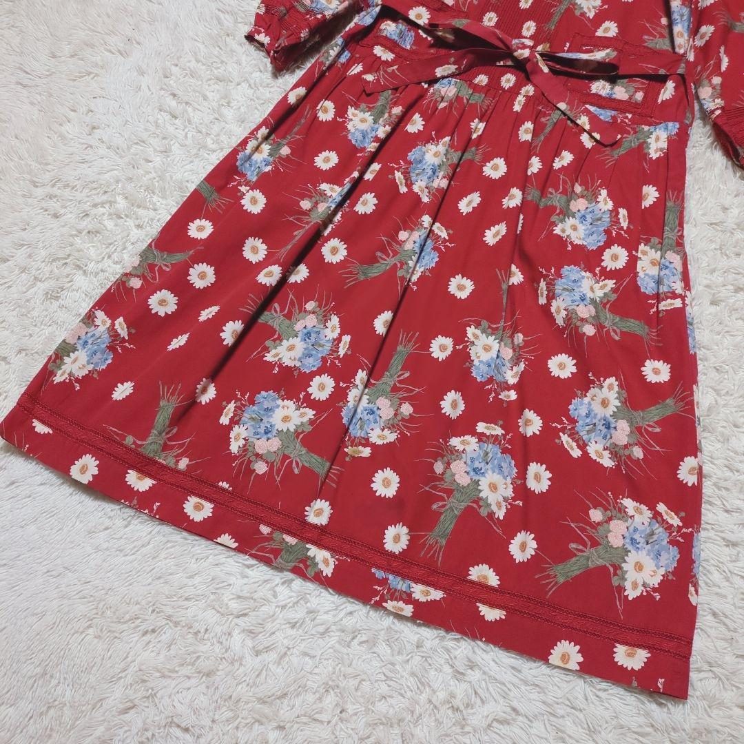 美品！PINK HOUSE　花柄フリルロングワンピース　赤　Aライン