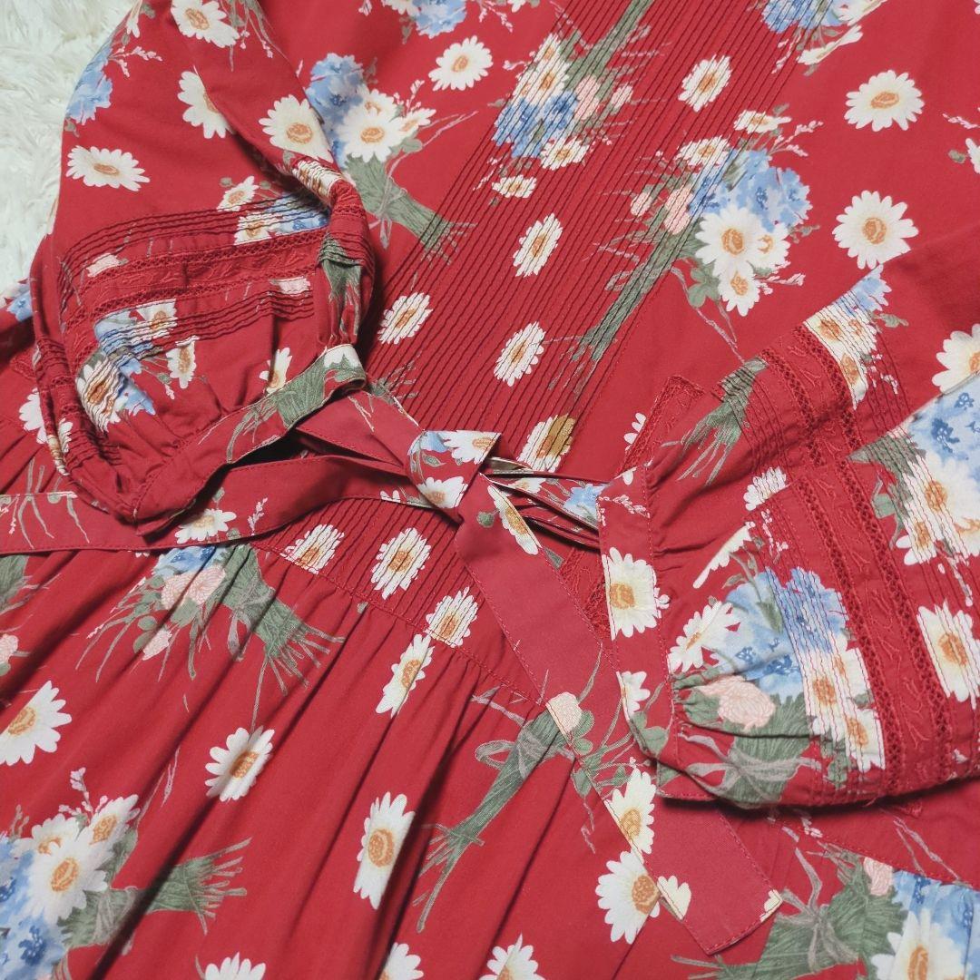 美品！PINK HOUSE　花柄フリルロングワンピース　赤　Aライン