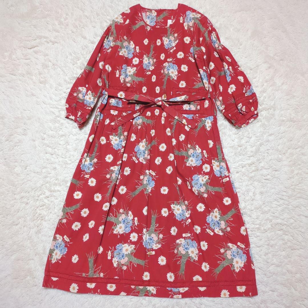 美品！PINK HOUSE　花柄フリルロングワンピース　赤　Aライン