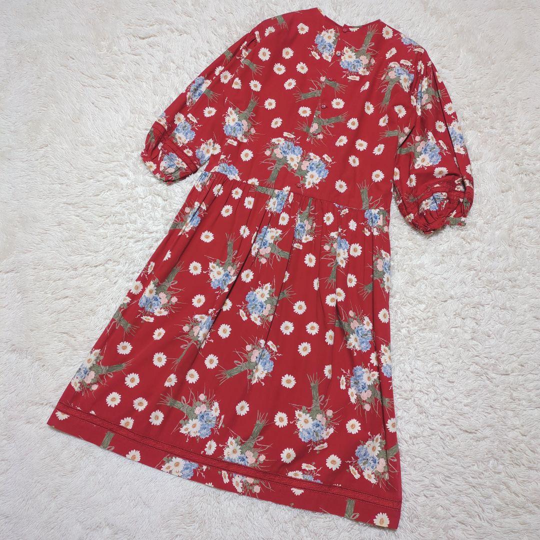 美品！PINK HOUSE　花柄フリルロングワンピース　赤　Aライン
