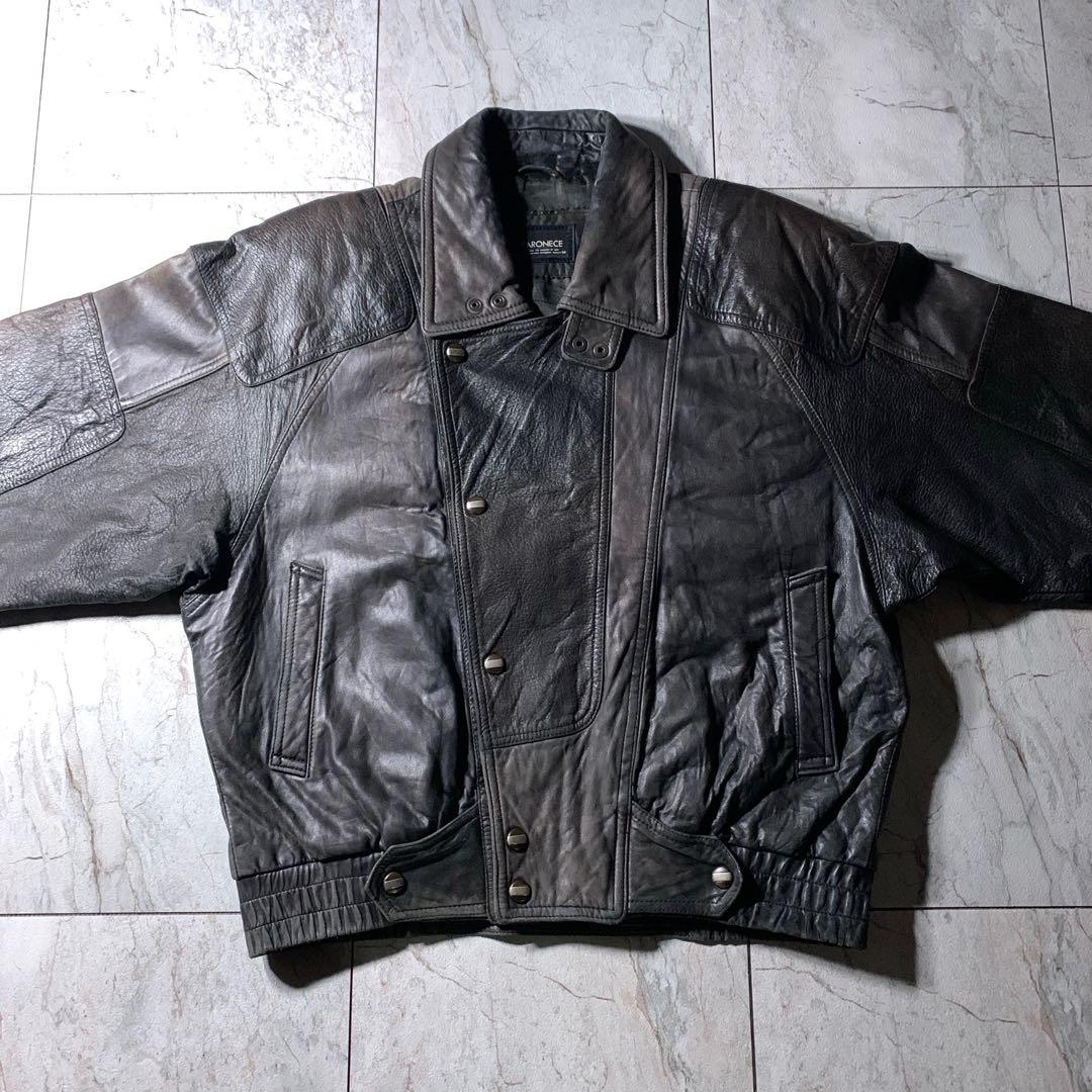 短丈 中綿 ラムレザー A-2 フライトジャケット 黒茶色 総柄裏地 M
