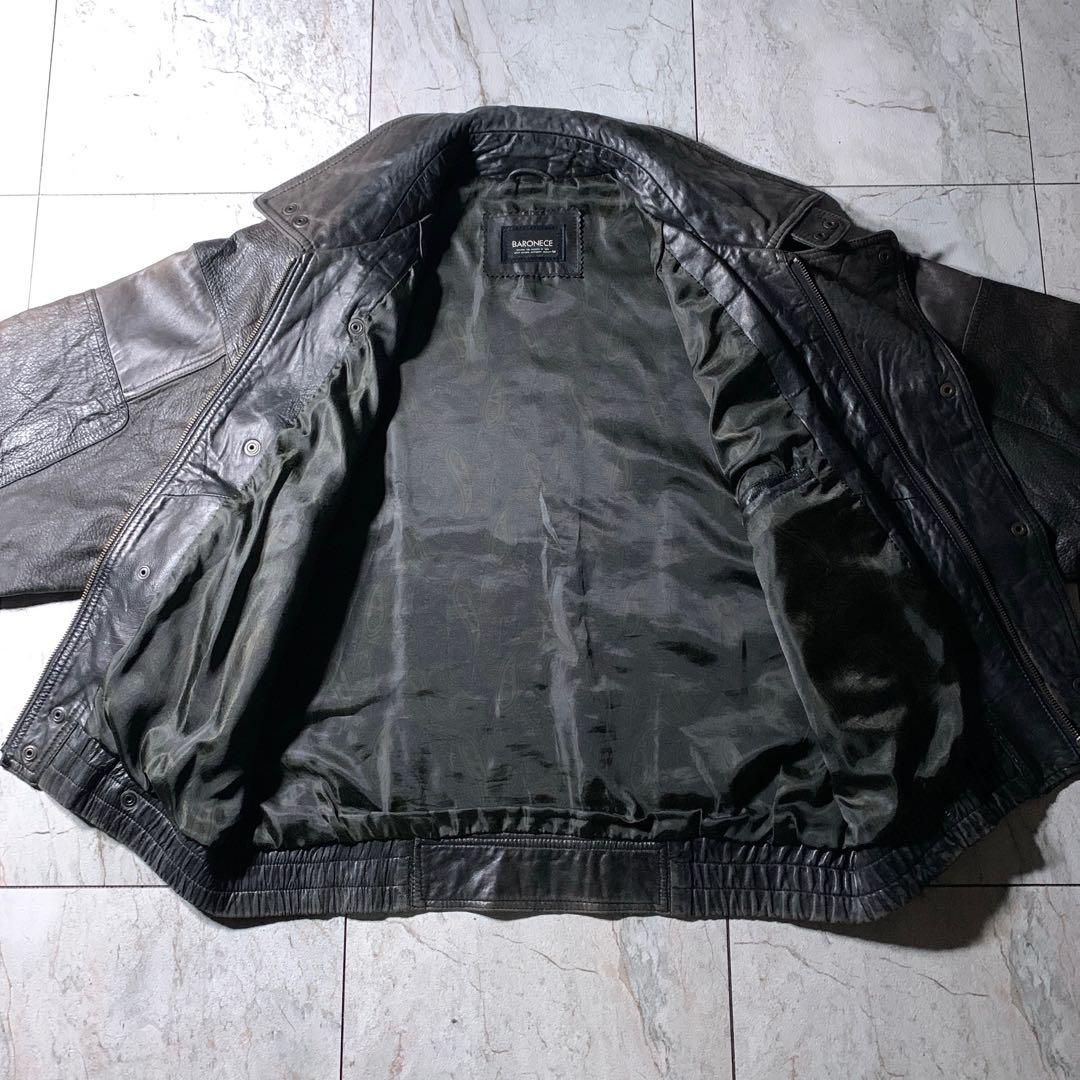 短丈 中綿 ラムレザー A-2 フライトジャケット 黒茶色 総柄裏地 M