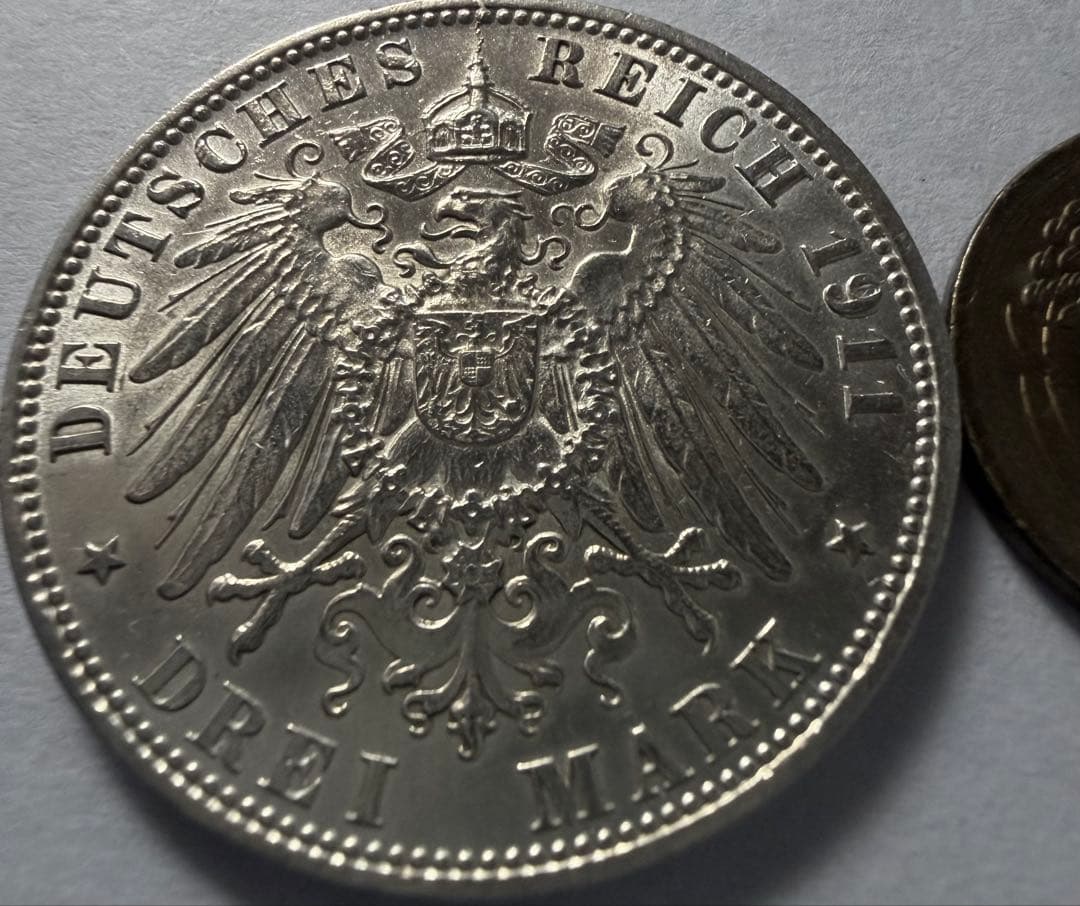 ケ*ー様 1911年ドイツ ハンブルク王国　　　3マルク 銀貨　ハイグレード