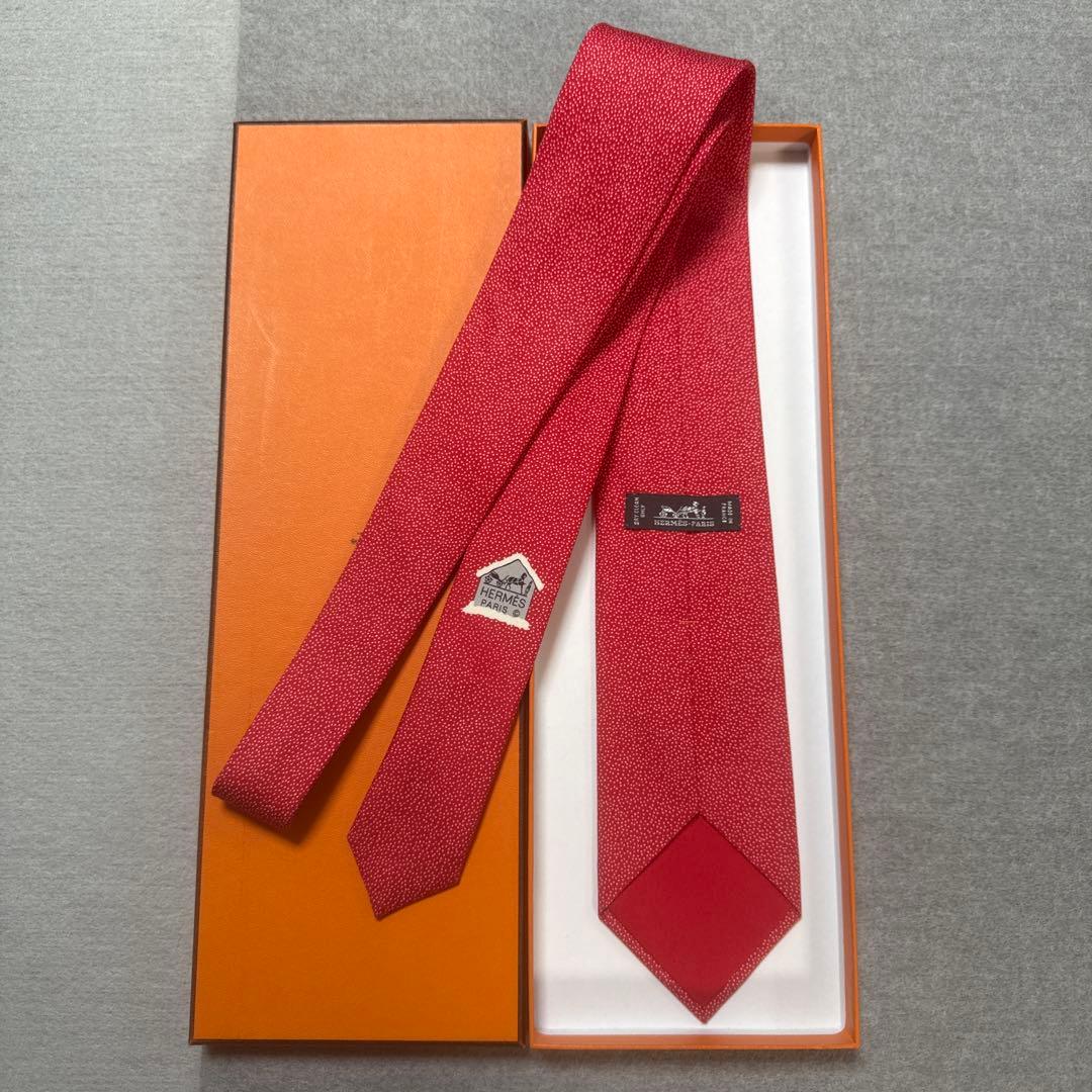 美品　エルメス　ネクタイ　赤　ピンドット　シルクジャガード　派手　結婚式