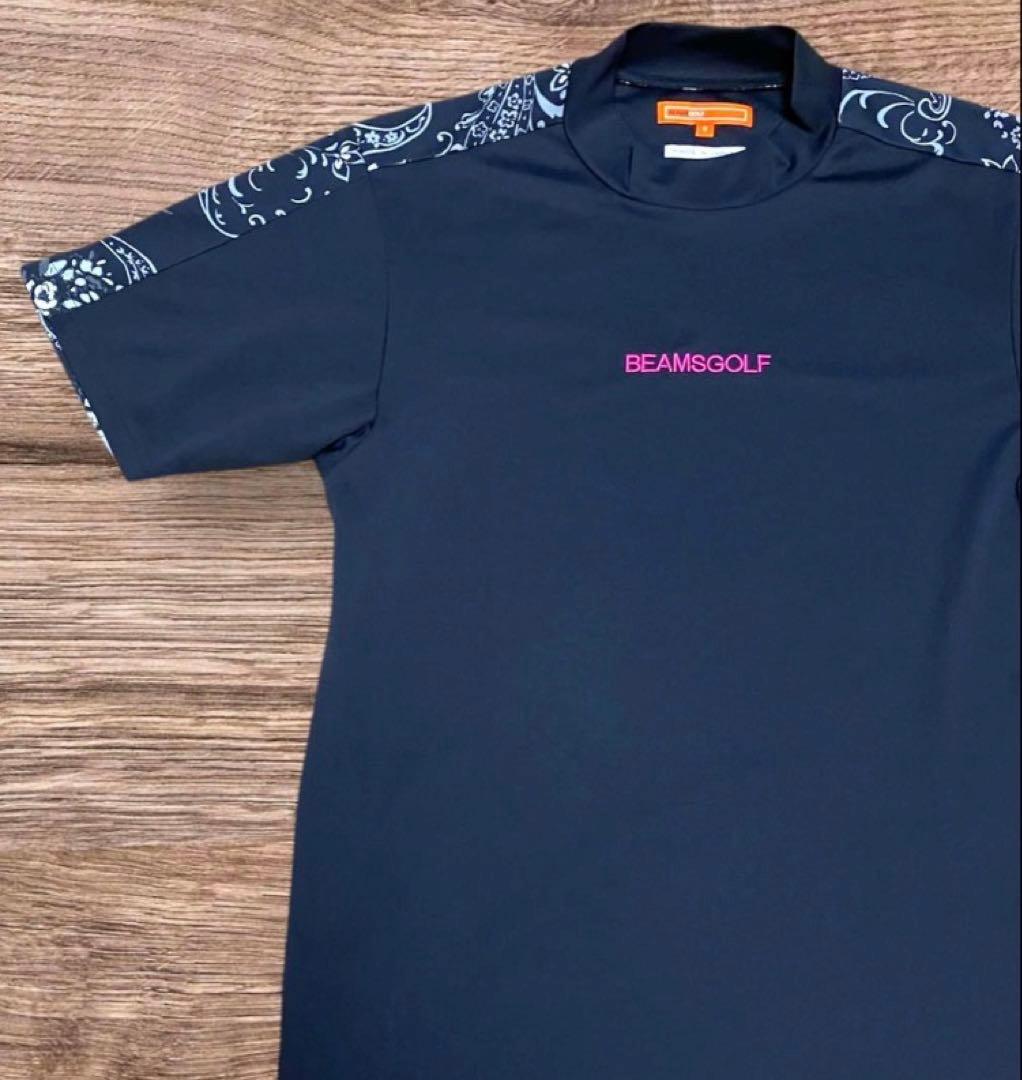 BEAMS GOLF モックネック 半袖 ブラック系ペイズリー柄シャツ　刺繍