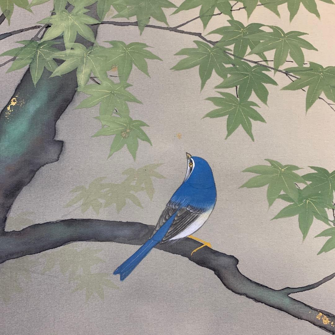 美品 掛け軸 塩田祥恒作 青楓図 共箱 花鳥