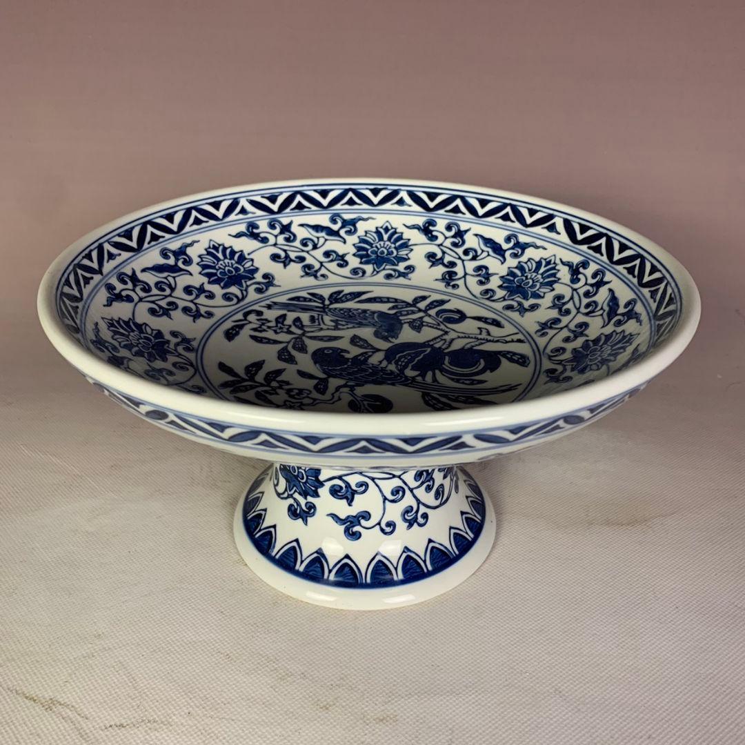 中国美術 青花富貴花鳥図大果盆 景徳鎮 陶磁器 装飾品 工芸品 置物