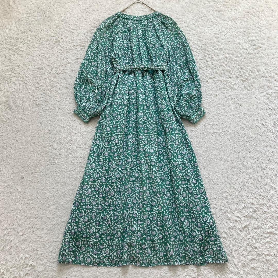 極美品✨ヌキテパ ドビーチェックリーフプリントドレス マキシ丈 ベルト 洗える