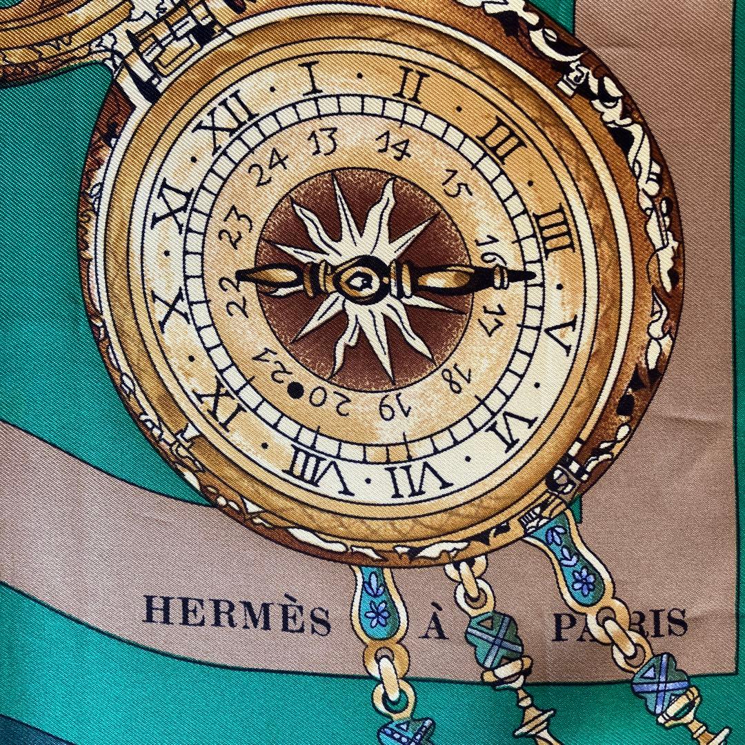【Hermès 】時計と花のデザイン スカーフ