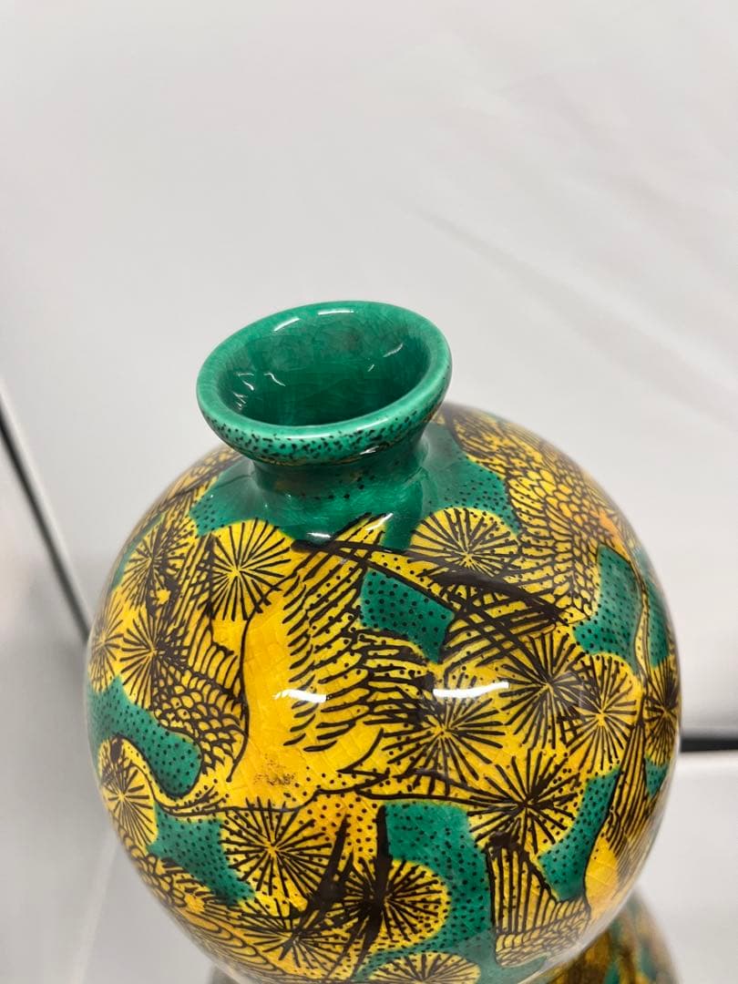 九谷　角福　青手　瓢箪型　鶴松図　花器　置物