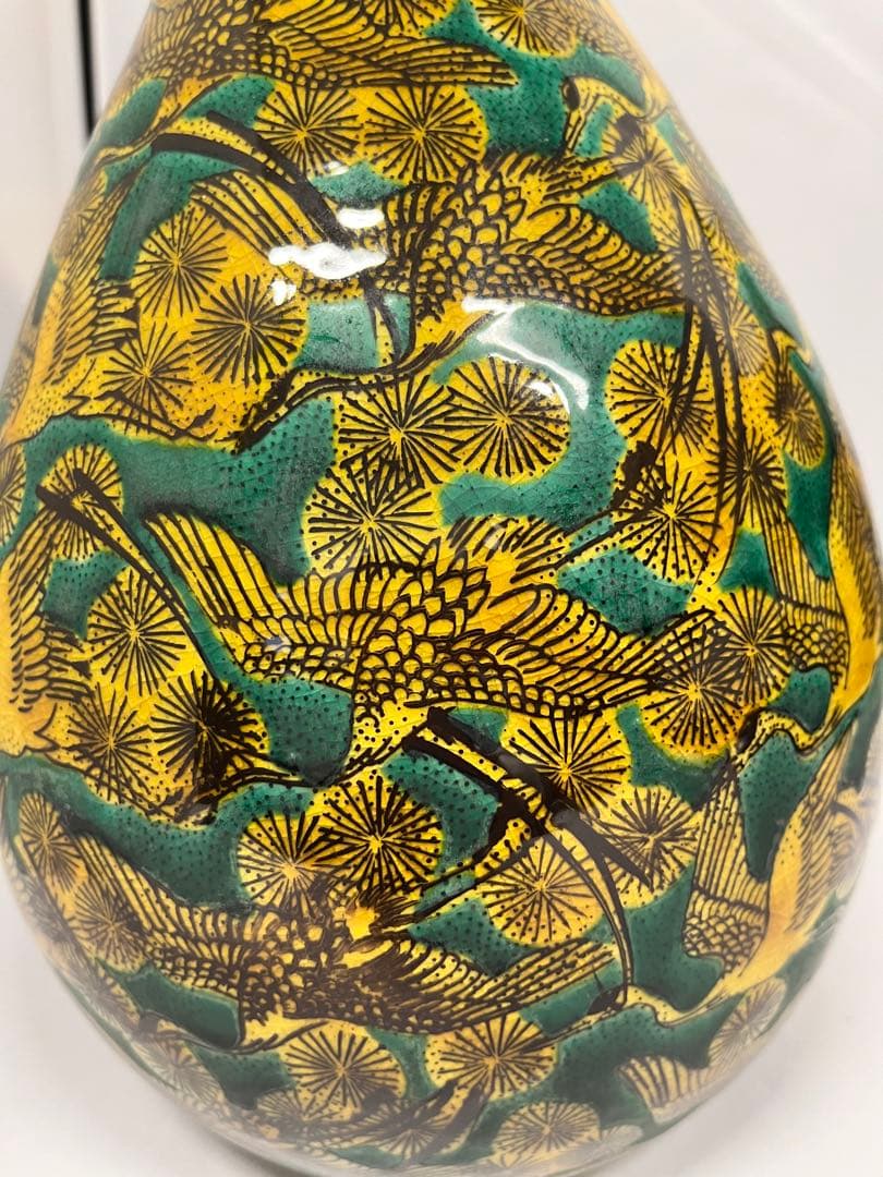 九谷　角福　青手　瓢箪型　鶴松図　花器　置物