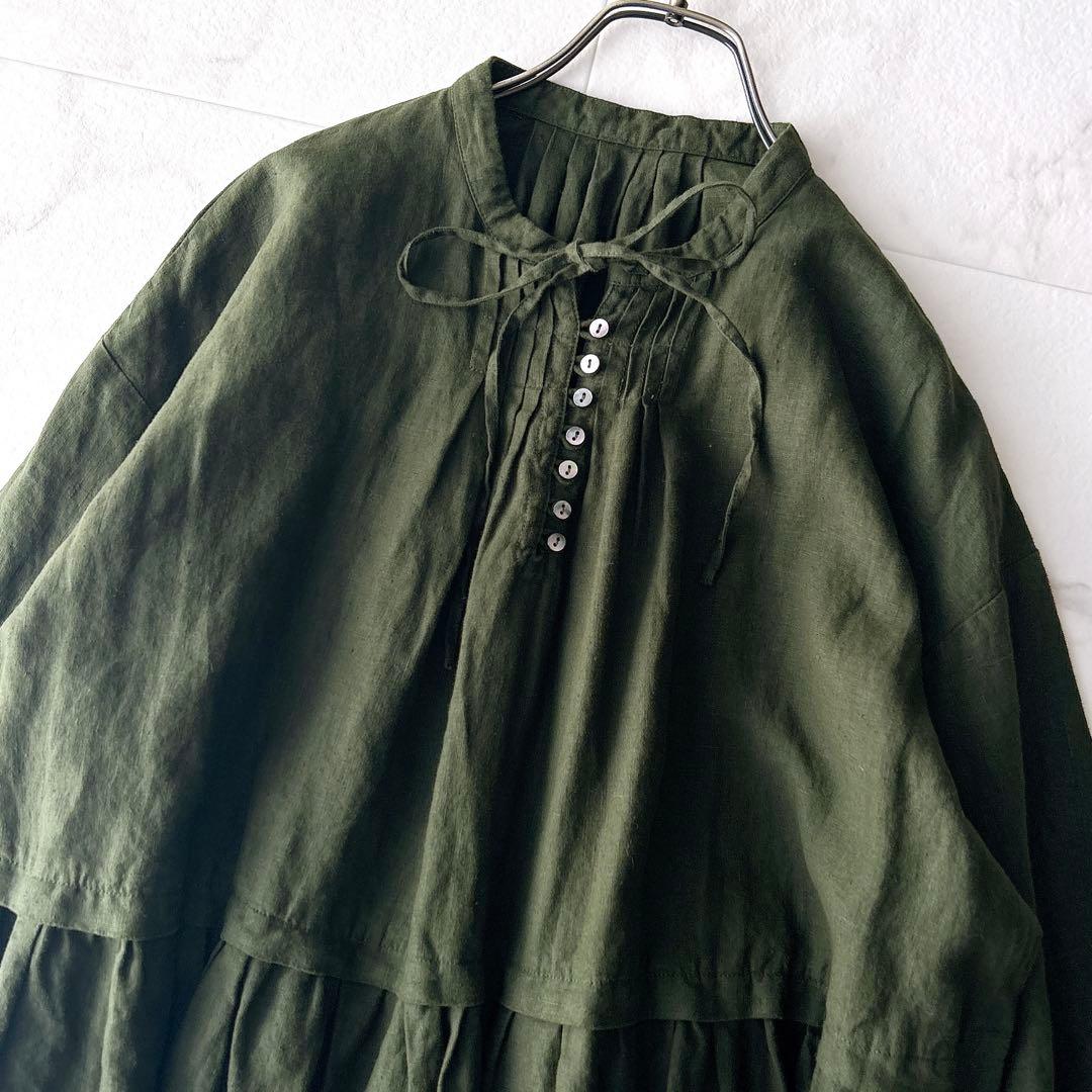 nest Robe ネストローブ リネンタックネックドレス ワンピース カーキ