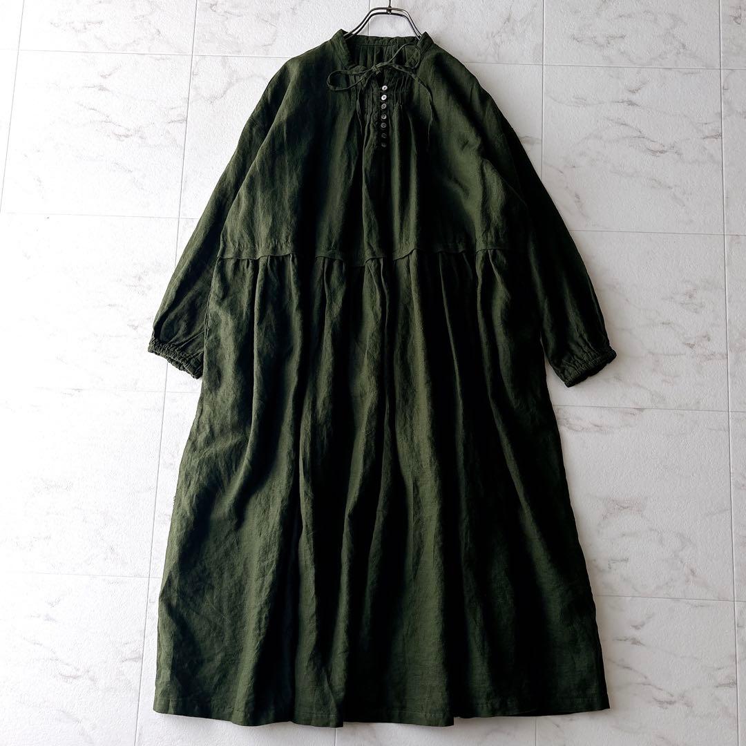 nest Robe ネストローブ リネンタックネックドレス ワンピース カーキ