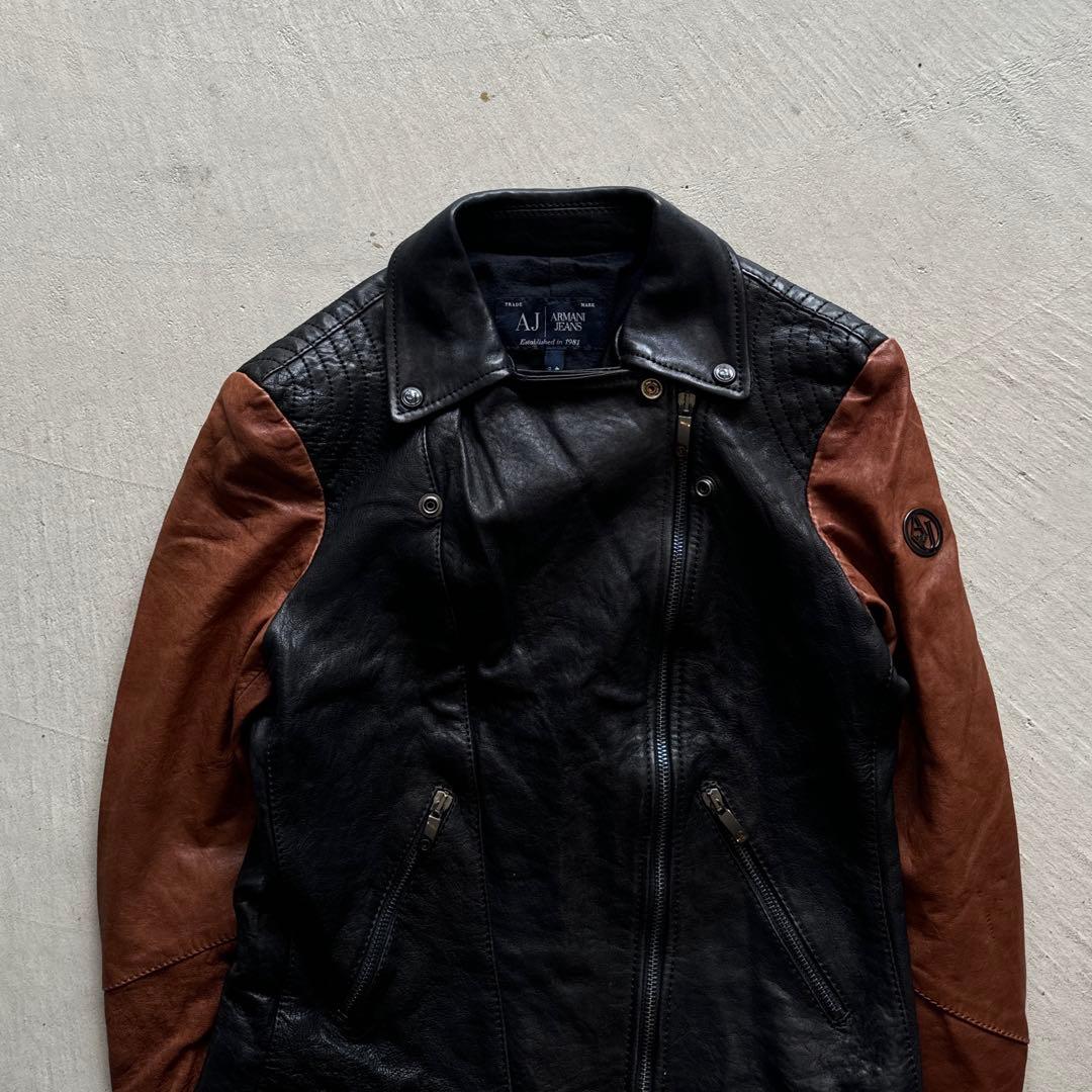 00s armani jeans leather jacket バイカラー