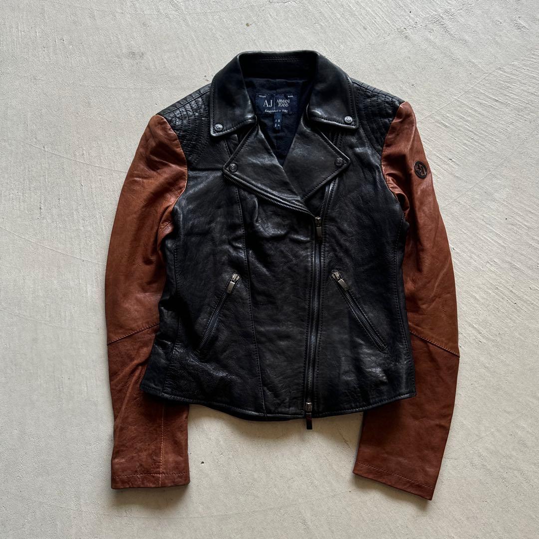 00s armani jeans leather jacket バイカラー