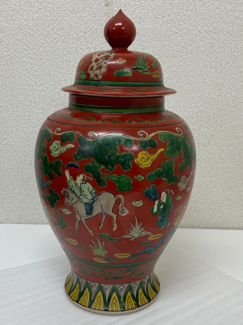 3-2030 九谷焼　木米作　色絵 角福 花瓶 壺 大型 飾り壺