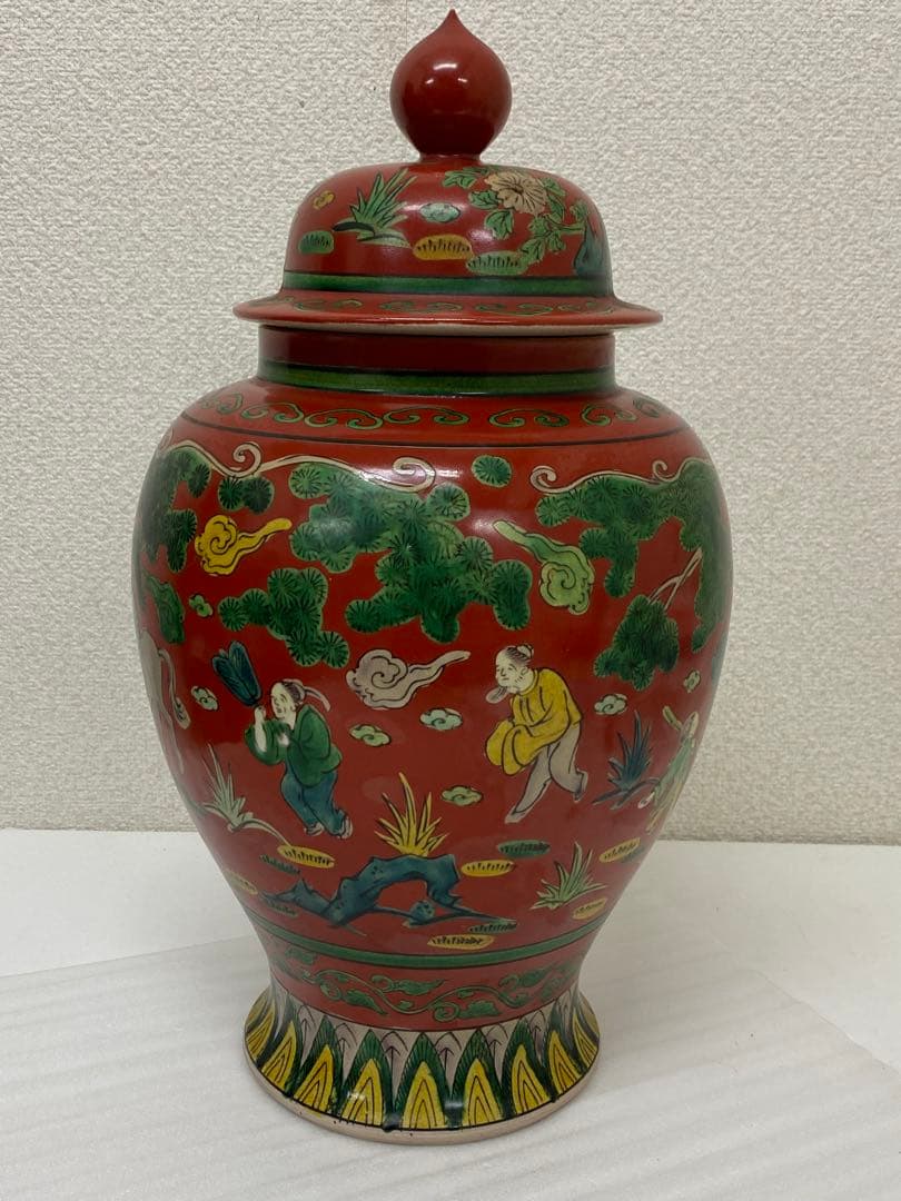 3-2030 九谷焼　木米作　色絵 角福 花瓶 壺 大型 飾り壺