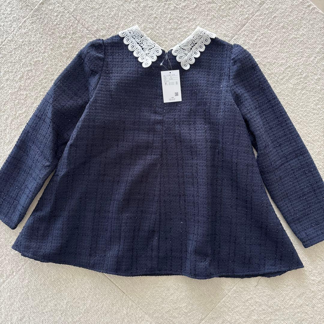 HUIT bouquet レース襟付きスパンコールツイードトップス ネイビーM