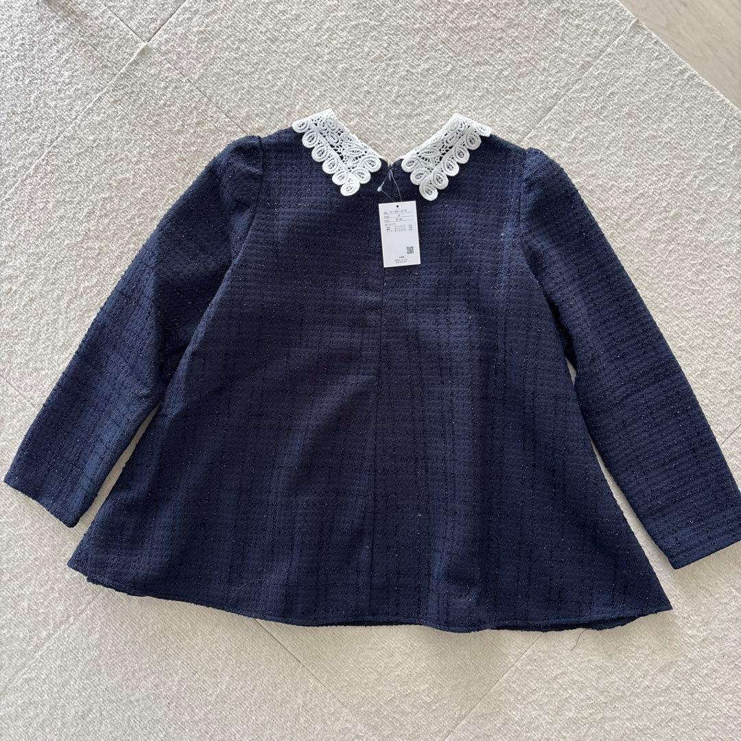 HUIT bouquet レース襟付きスパンコールツイードトップス ネイビーM