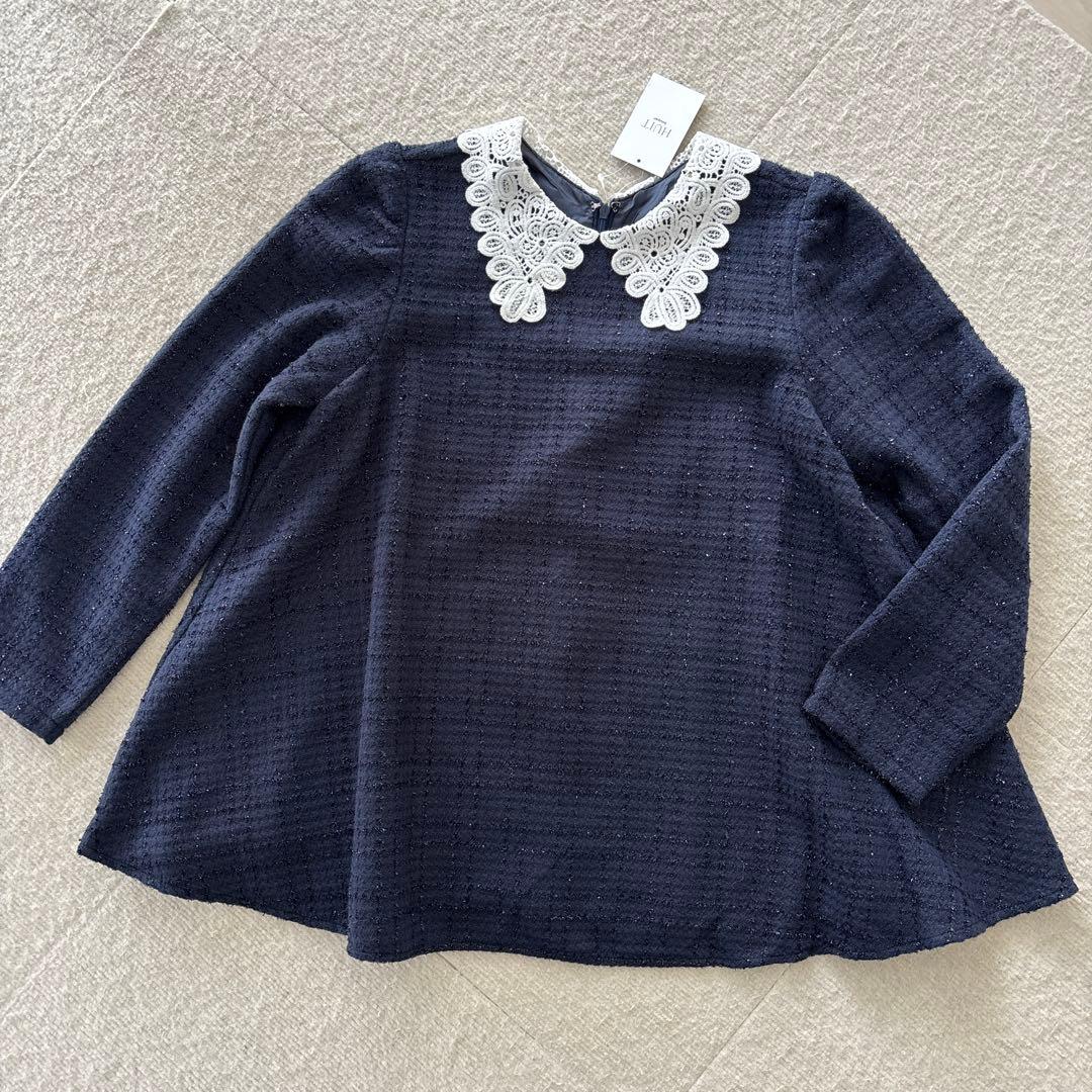 HUIT bouquet レース襟付きスパンコールツイードトップス ネイビーM