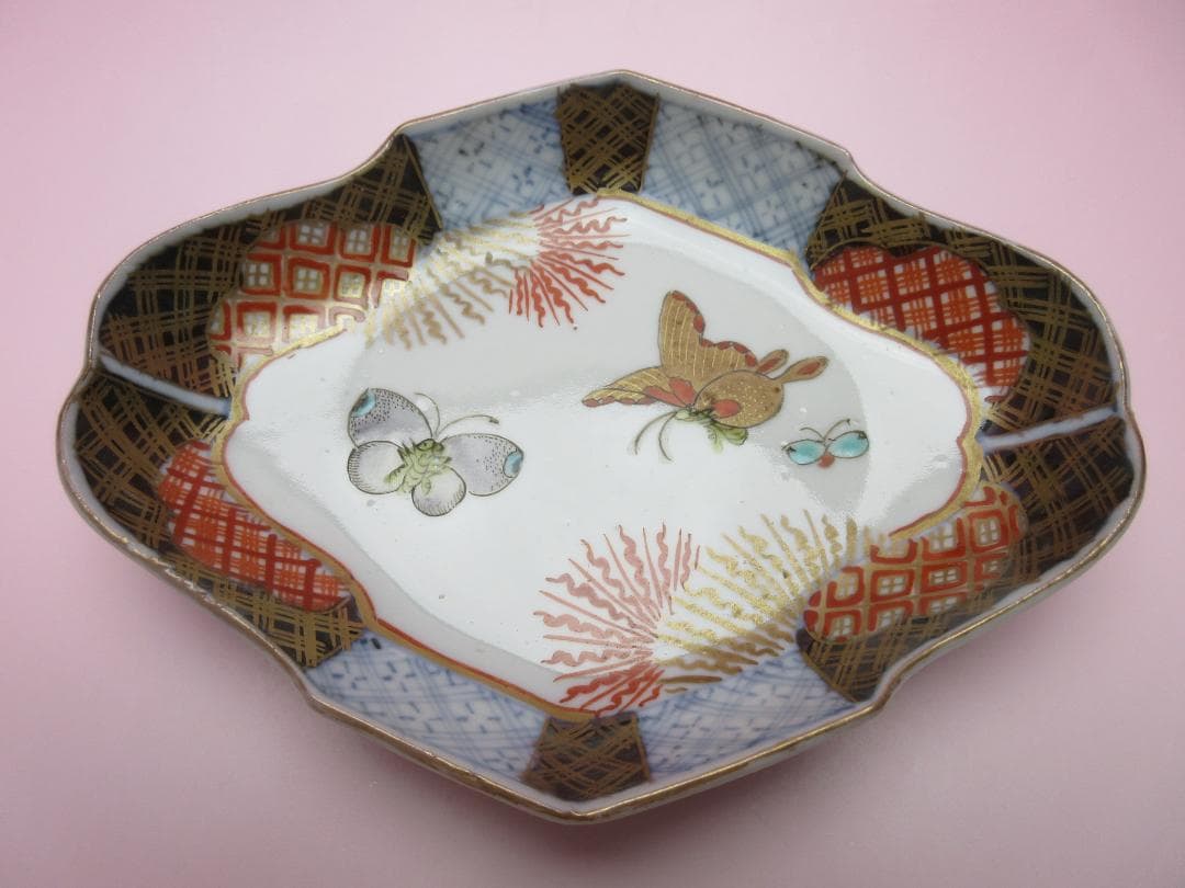 時代 色絵 菱形 蝶紋 刺身皿 向付 5客 アンティーク 古伊万里 70506