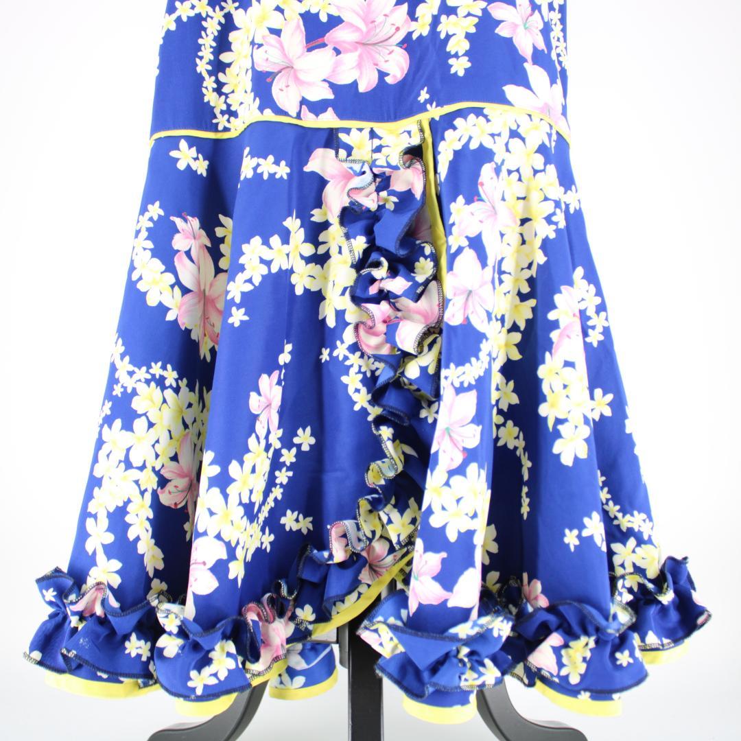 【美品 フラダンス衣装】ブルー ワンピース ドレス ハイビスカス柄 マイレ柄 青