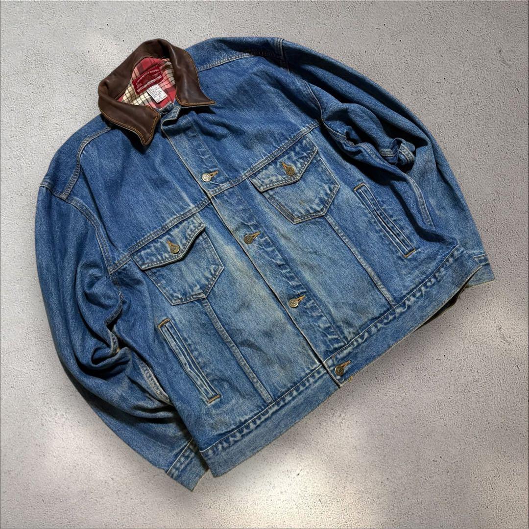 【N67】90s MarlboroレザーカラーデニムジャケットXLブルー古着