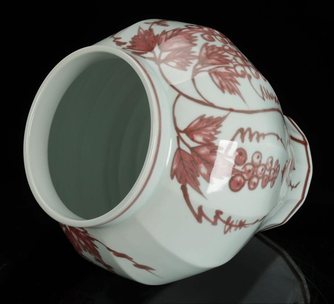 【誉田窯 吉田隆】釉紅葡萄文壺 花瓶 飾壺 磁器 美術品 骨董品 高さ35cm